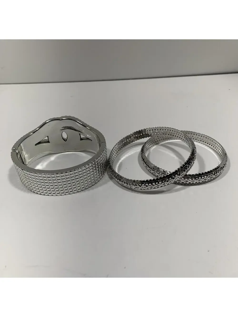 Silver Tone Textured Cuff Bracelet W/ 2 Matching Bangles -Modern Statement Jewel
